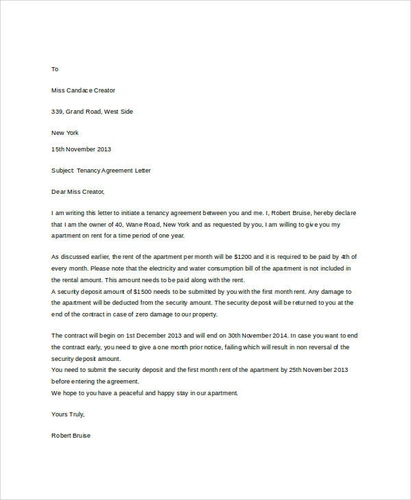 sample tenancy agreement letter