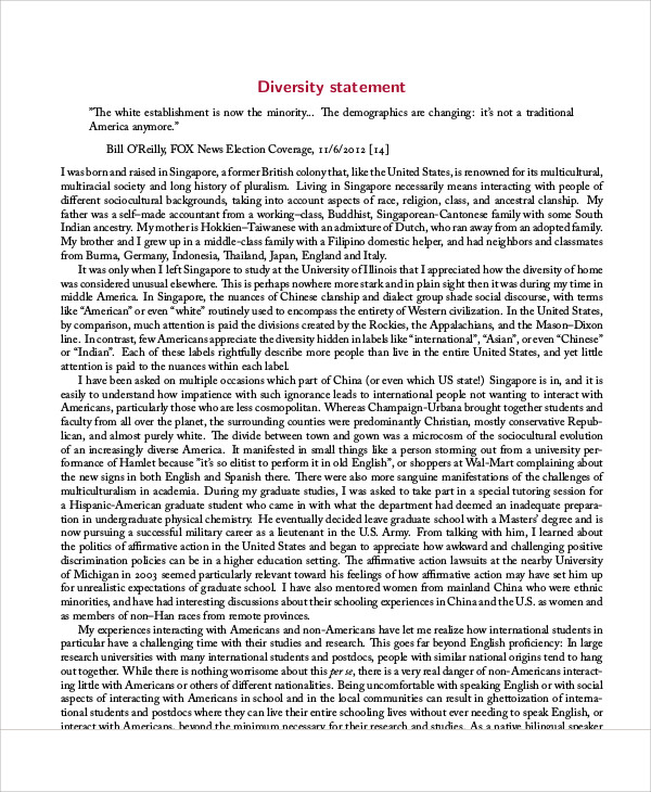 FREE 9 Diversity Statement Samples In MS Word PDF   Sample Personal Diversity Statement 