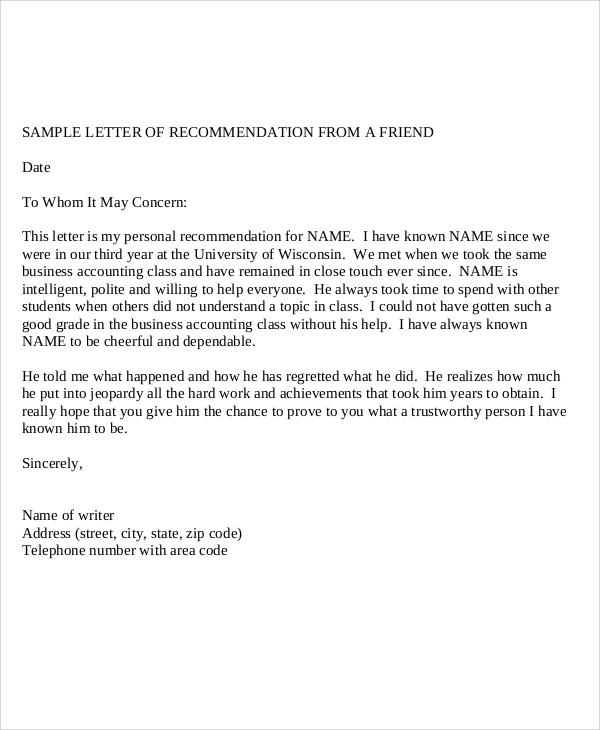 recommendation letter format for a friend