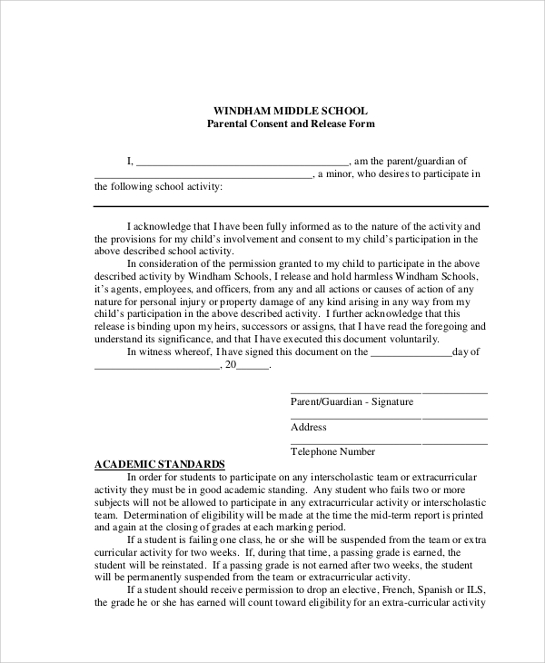 parental consent release form example