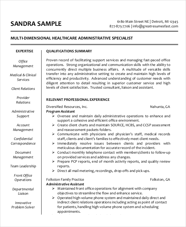 healthcare administration resume