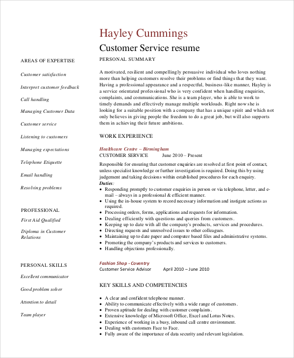 sample resume for healthcare customer service