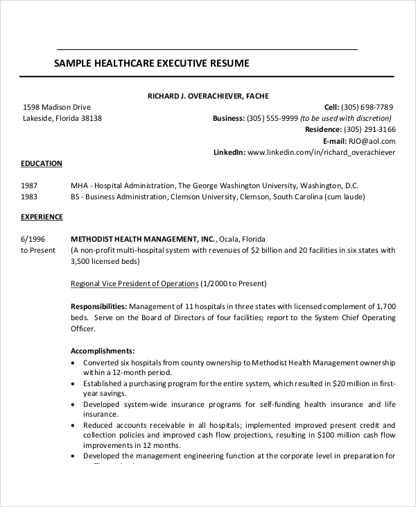 healthcare executive resume example