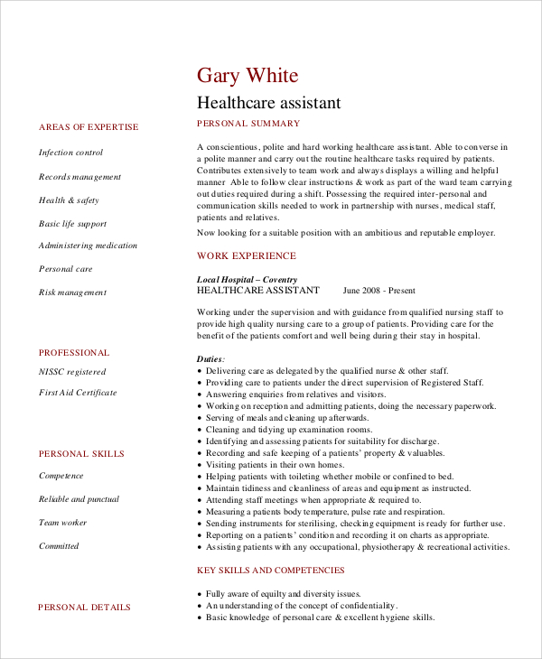 healthcare assistant resume