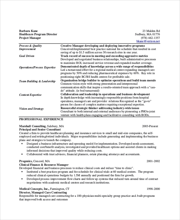 resume objective examples healthcare management