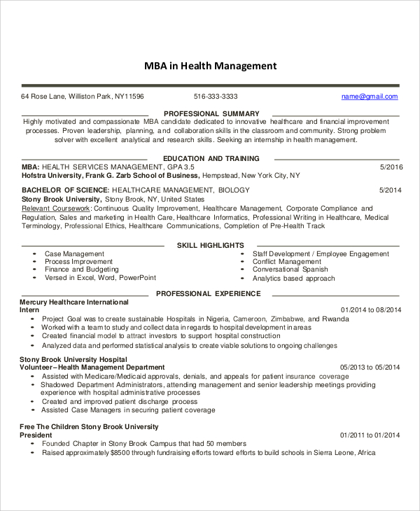 healthcare project manager resume