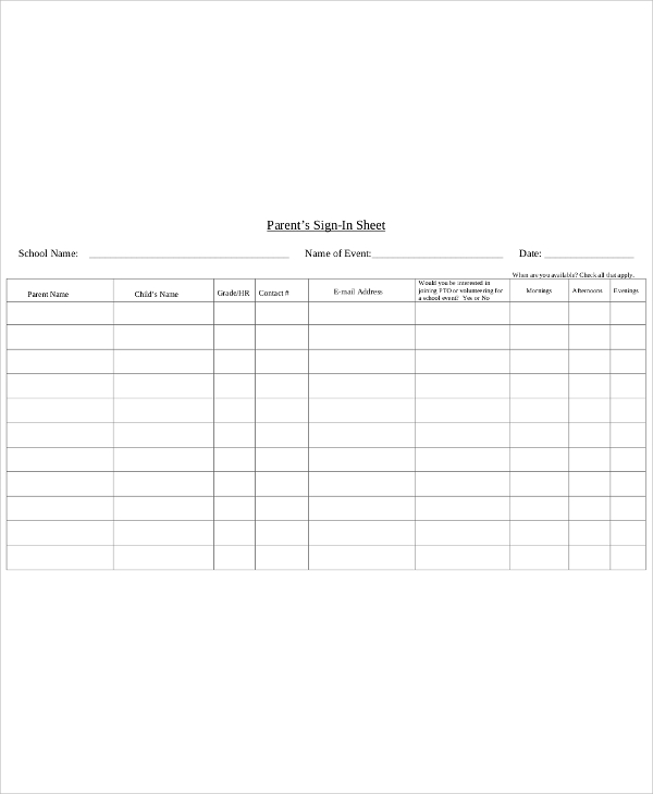 parent sign in sheet printable