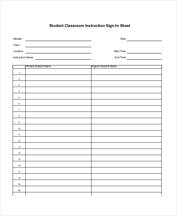 class sign in sheet printable