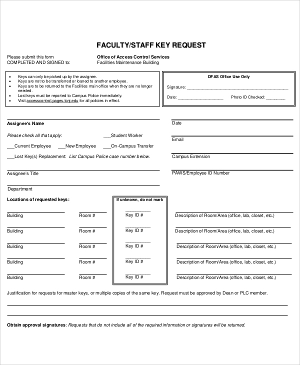 staff key request form example