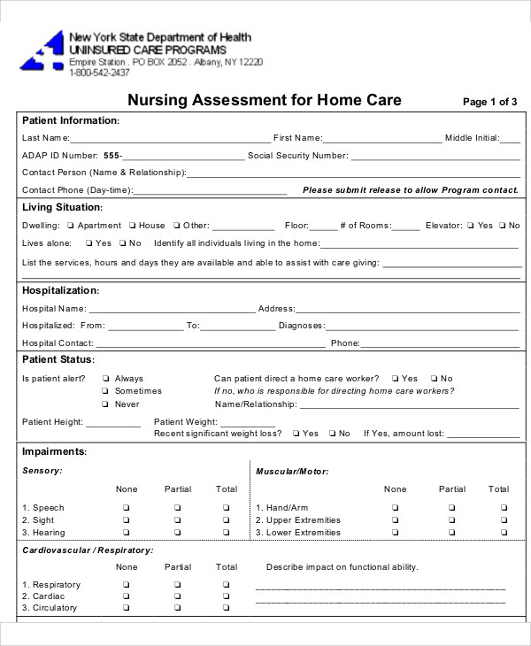 home care nursing assessment form 