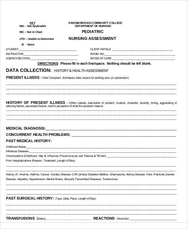 Printable Triage Form Template   Sample Pediatric Nursing Assessment Form 