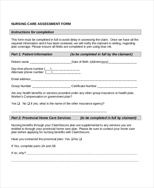 nursing patient assessment form
