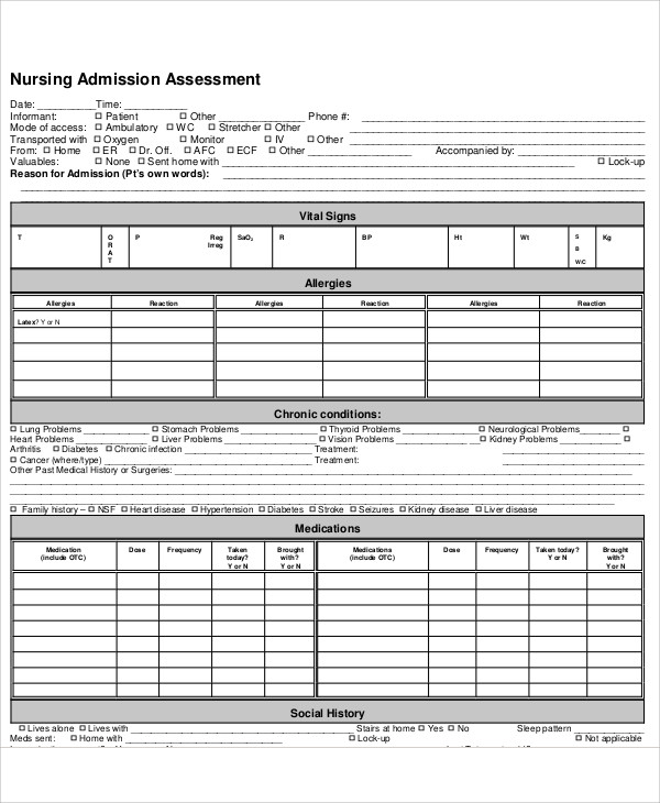 nursing admission shift assessment form