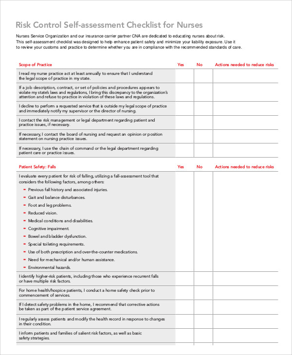 nursing self assessment checklist form