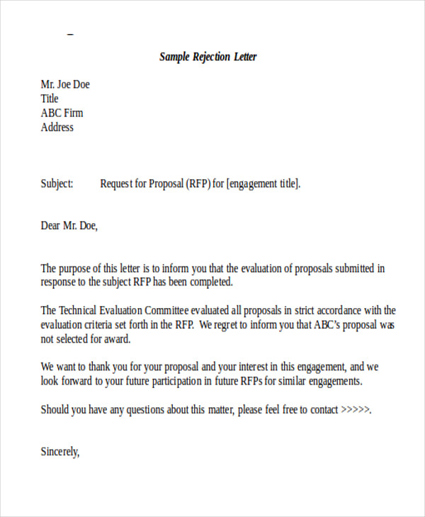 formal proposal rejection letter sample 