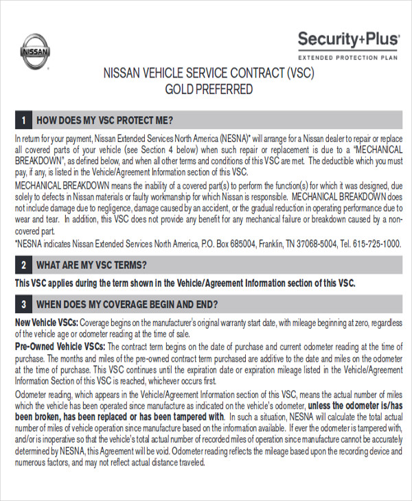 motor vehicle service contract format