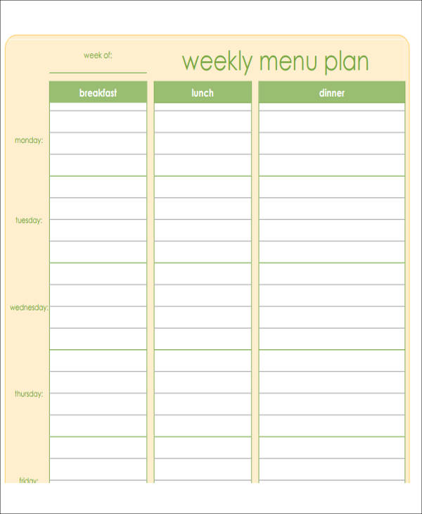 Weekly Menu Template Word