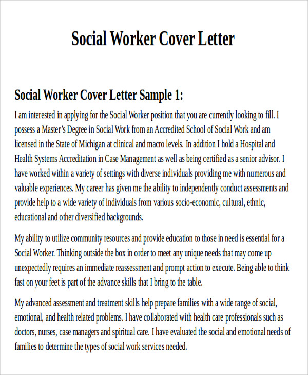 FREE 5 Sample Social Worker Cover Letters In PDF MS Word   General Cover Letter For Social Workers 