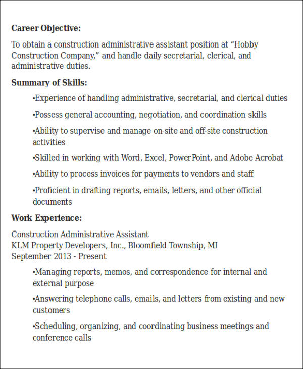 construction administrative assistant resume objective