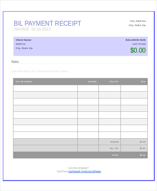 bill payment receipt format 