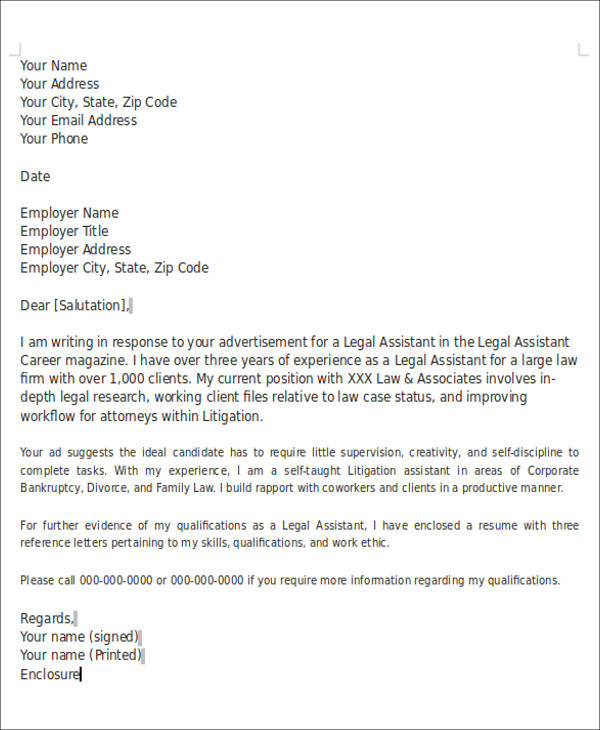 legal cover letter enclosure example