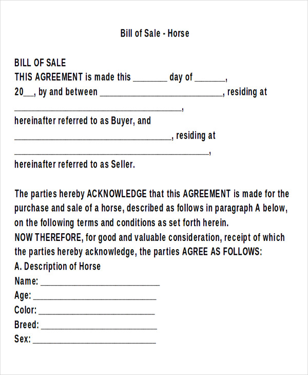 FREE 9+ Horse Bill of Sale Templates in MS Word PDF