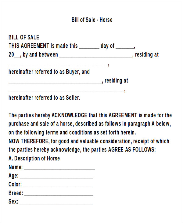 FREE 9 Horse Bill Of Sale Templates In MS Word PDF