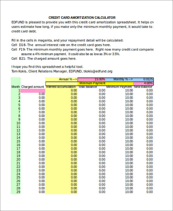 credit card amortization table excel