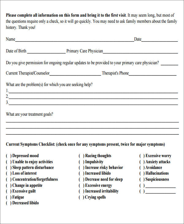 Printable Mental Health Assessment Form Pdf