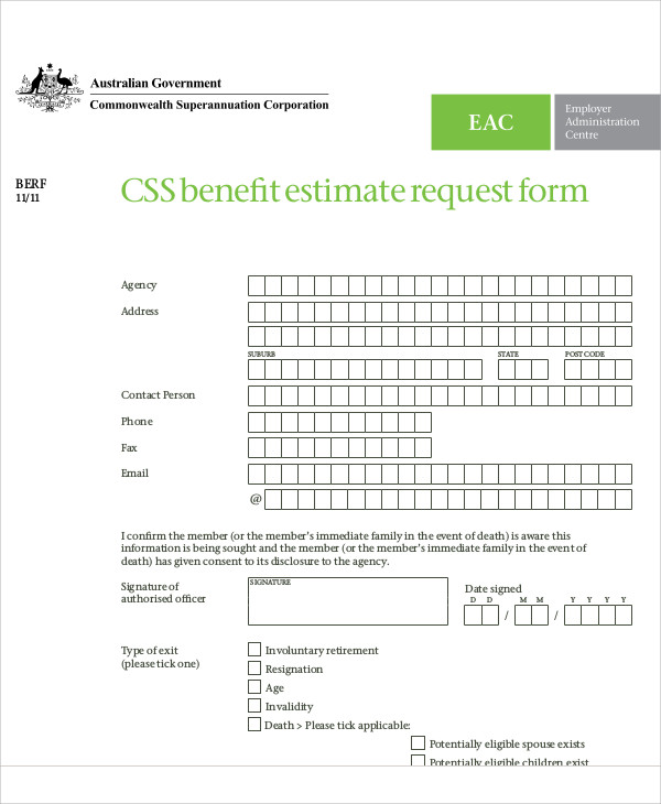 benefit estimate request form example