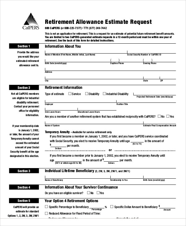 retirement allowance estimate request form