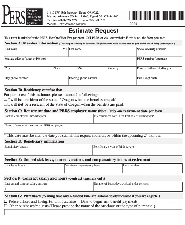 print estimate request form