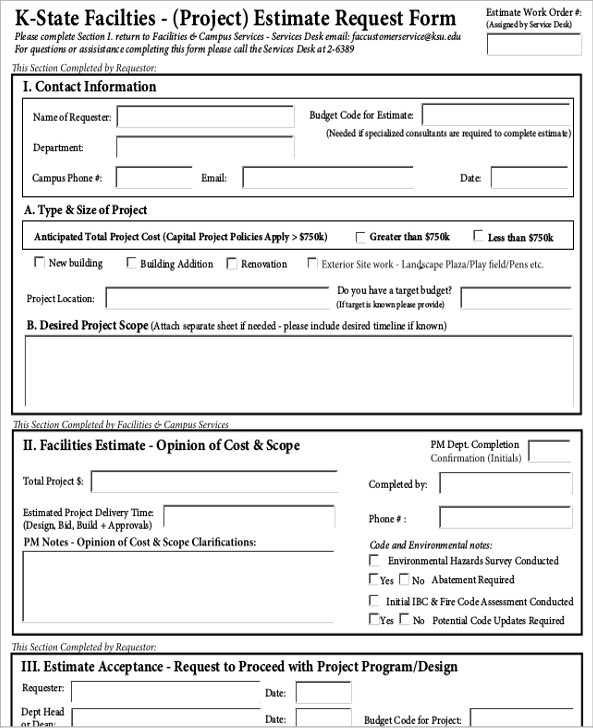project estimate request form