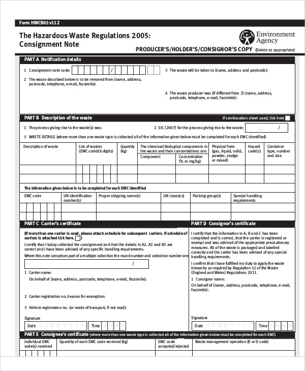 hazardous waste consignment note