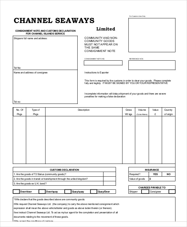 channel consignment note