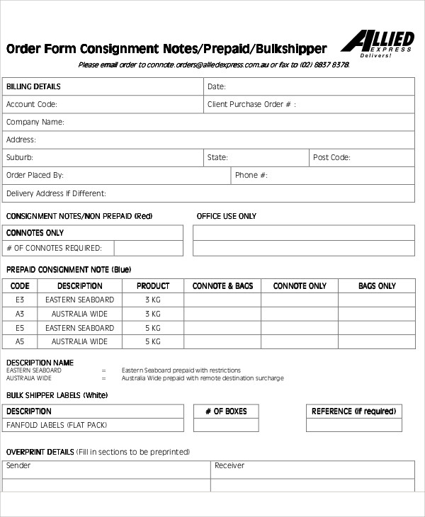 consignment note order form