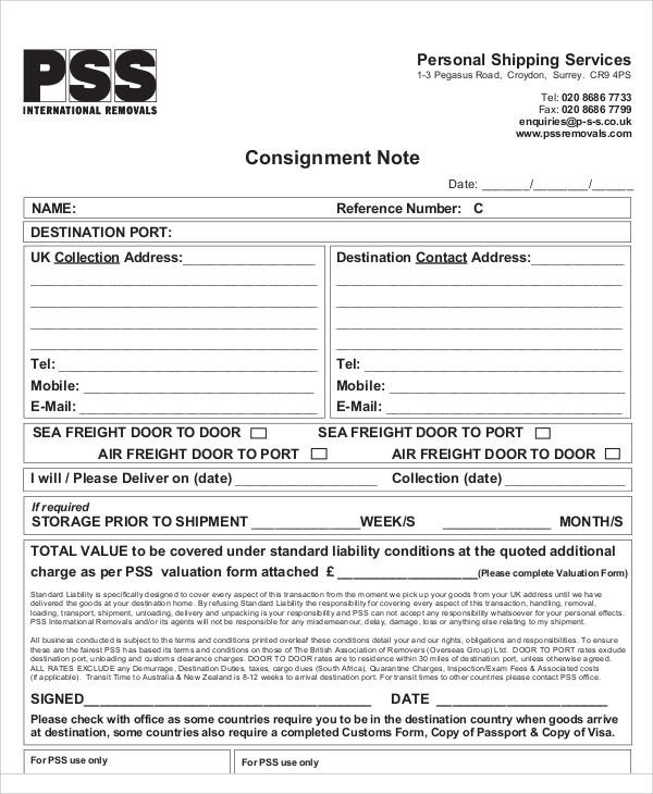 shipping consignment note