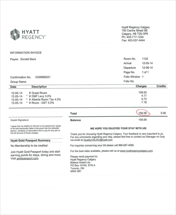 FREE 13 Sample Hotel Invoices In PDF Word Excel