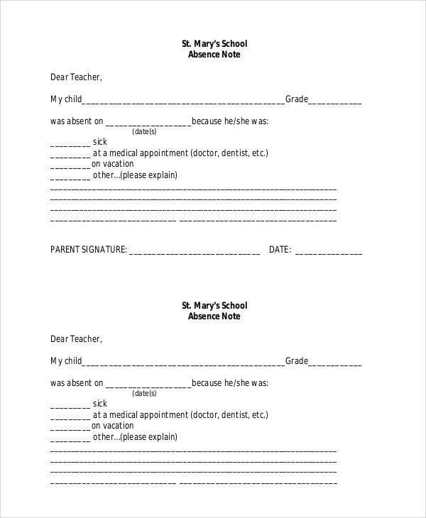 Absent School Absence Note Template Free