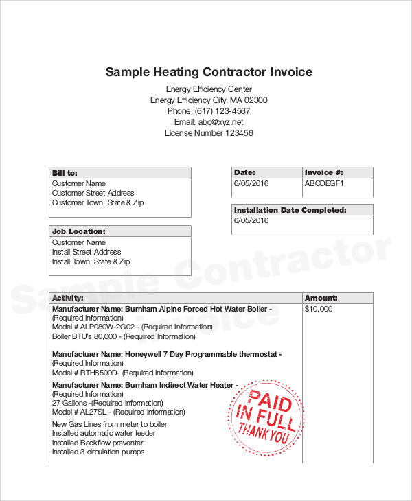 sample contractor invoice