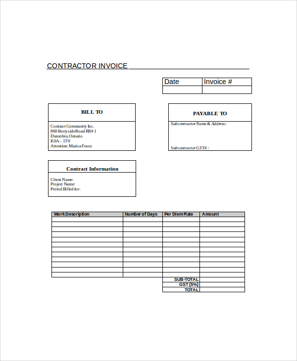 sample contractor invoice 9 examples in pdf word excel