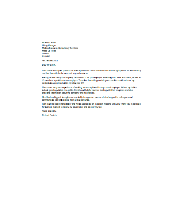 Free 8 Cover Letter Receptionist In Ms Word Pdf