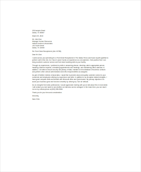 front desk receptionist cover letter sample