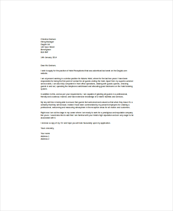 cover letter receptionist hotel example