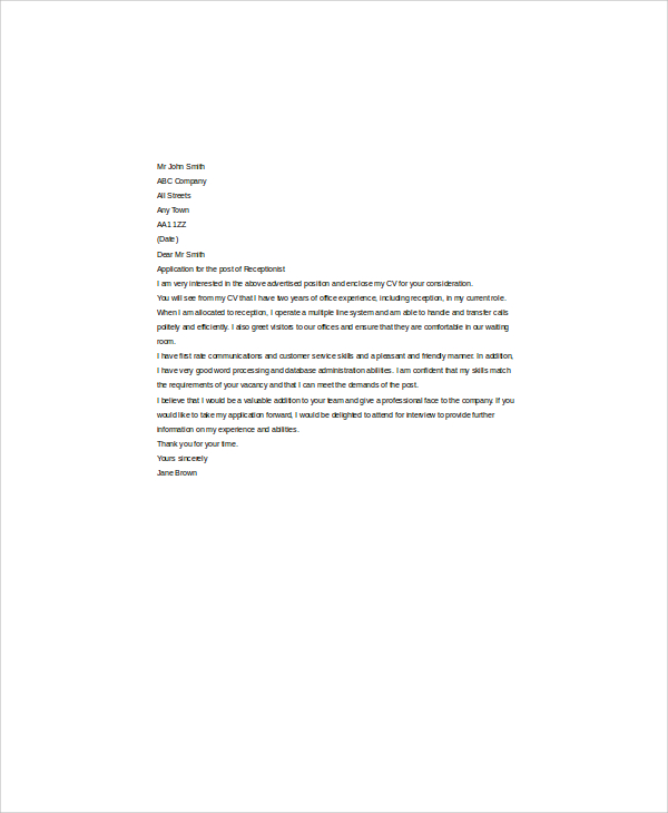 cover letter for receptionist example