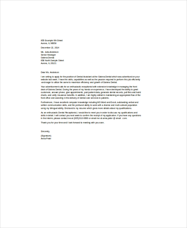 cover letter for dental receptionist sample
