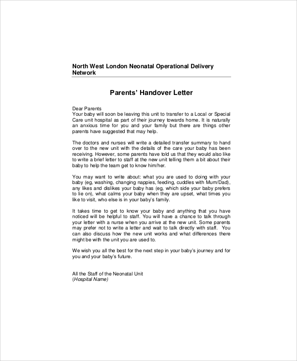 hand over note letter in pdf