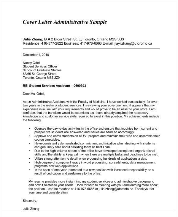 FREE 8+ Administrative Cover Letter Templates in MS Word | PDF