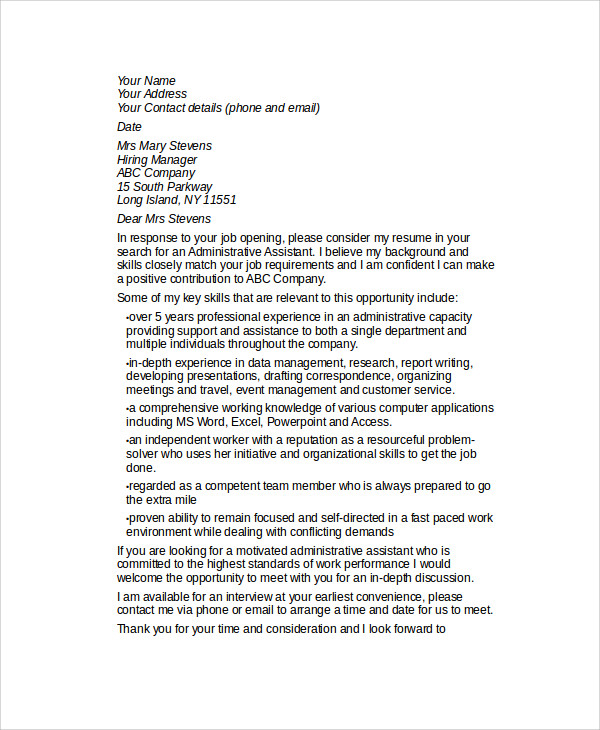 administrative assistant cover letter example
