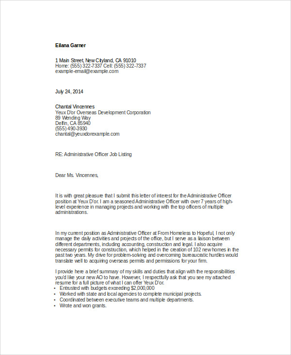 Sample Application Letter To Government Agency Letter   Administrative Officer Cover Letter  